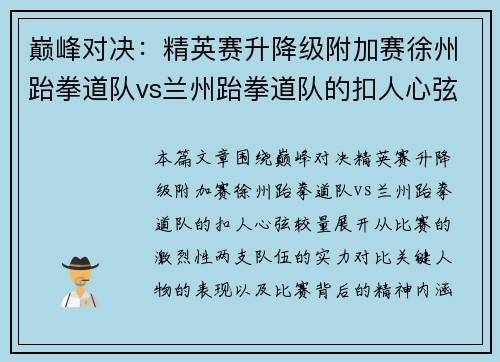 巅峰对决：精英赛升降级附加赛徐州跆拳道队vs兰州跆拳道队的扣人心弦较量